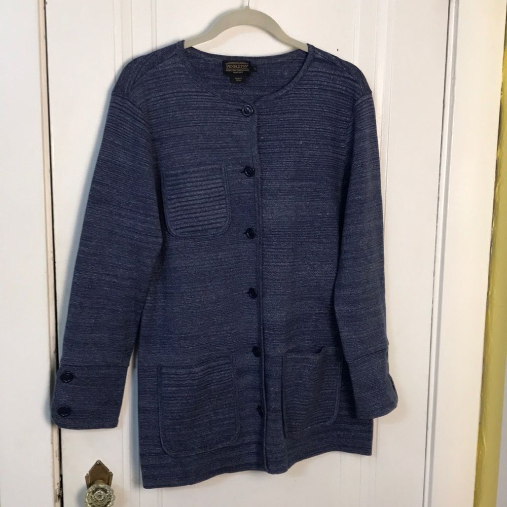 Blue Pendleton cardigan with patch pockets